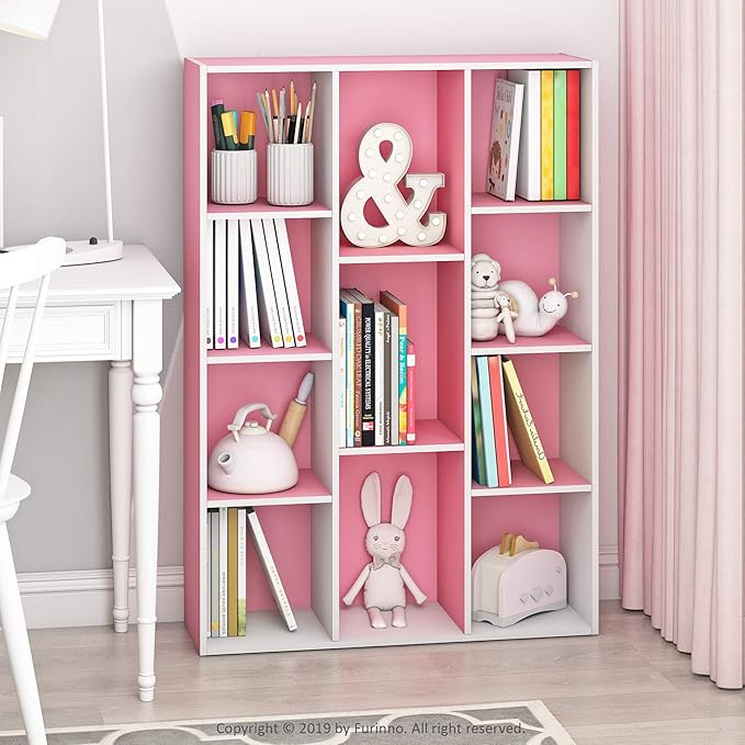 Furinno LUDER Book Shelf, 11-Cube Bookshelf, Reversible Bookcase, 9.4" x 29.1" x 41.7", for Living Room, Bedroom, Home Office, White/Pink