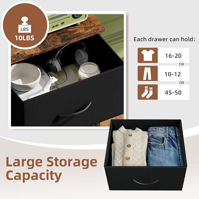 Somdot Dresser for Bedroom with 4 Drawers, Storage Organizer Chest of Drawers with Removable Fabric Bins for Closet Bedside Living Room Laundry Entryway Hallway, Black Rustic Brown