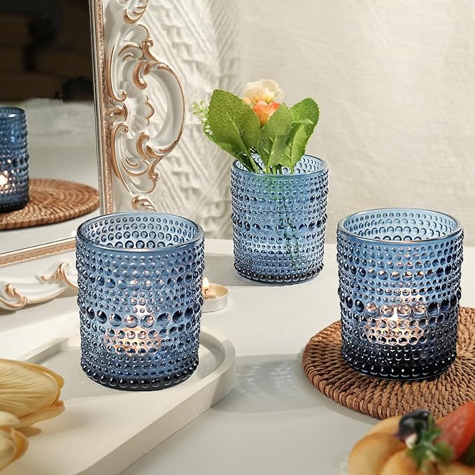 12 Pack Large Votive Candle Holders, 2.7 * 3.5in Blue Tea Light Candle Holder for Votives, Tealights & Pillar, Glass Candle Holders for Table Centerpiece Wedding