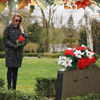 Christmas Cemetery Decorations for Grave Headstone Flower Saddle Artificial Flower Saddles Red Poinsettia Outdoor Memorial Headstone Realistic Bouquet(Vivid Color,Vivid Style)