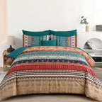 Cottolester Boho Full Size Comforter Set 8 Pieces,Green and Brown Bohemian Striped Bed in a Bag,Floral Soft Microfiber Bedding Comforter Set