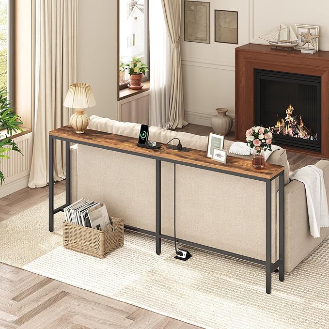 70.9'' Console Table with Power Outlet, Narrow Sofa Table, Industrial Entryway Table with USB Ports, Behind Couch for Entryway, Hallway, Foyer, Living Room, Rustic Brown CTHR18E01Z1