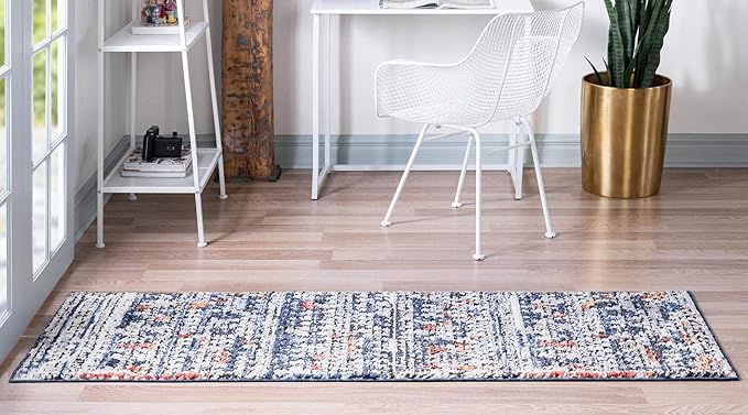 Rugs.com Morocco Collection Rug – 6 Ft Runner Navy Blue High-Pile Rug Perfect for Hallways, Entryways