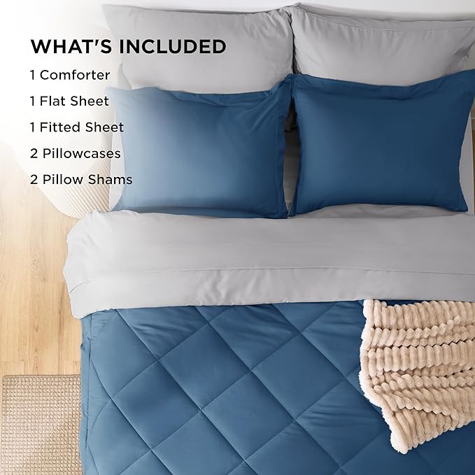 Bedsure King Size Comforter Set - 7 Pieces Reversible Slate Blue Bedding, King Size Bed Set for All Seasons, Bed in a Bag with Down Alternative Comforter, Sheets, Pillowcases & Shams
