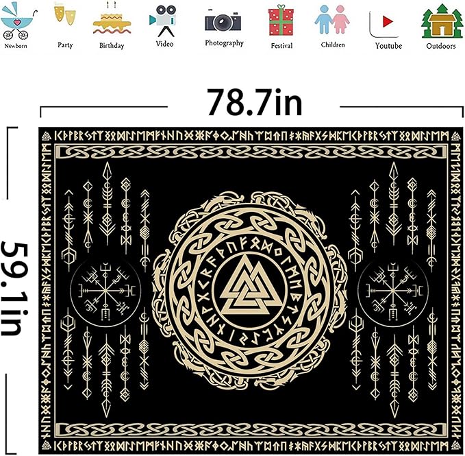 OSUNBD Viking Tapestry Meditation Runes Ancient Art Norse Mythology Flannel Tapestry Vegvisir Symbol Amulet Wall Hanging Art Hanging Decor Large Size 78.7”x59.1” for Bedroom Living Room Dorm