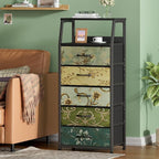 Furnulem Retro 5 Drawers Dresser, Tall Dressers for Bedroom, Closet, Hallway, Nursery, Fabric Storage Tower Organizer, Vertical Nightstand Side Table Furniture, Steel Frame, Wood Top