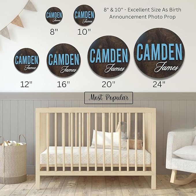 Custom Round Nusery Name Sign, Personalized 3D Baby Name Announcement Sign, Personalized Wooden Wall Plaque, 3D Wall Art for Children & Kids Rooms, Family Name Signs, 30 Colors (Design 10)