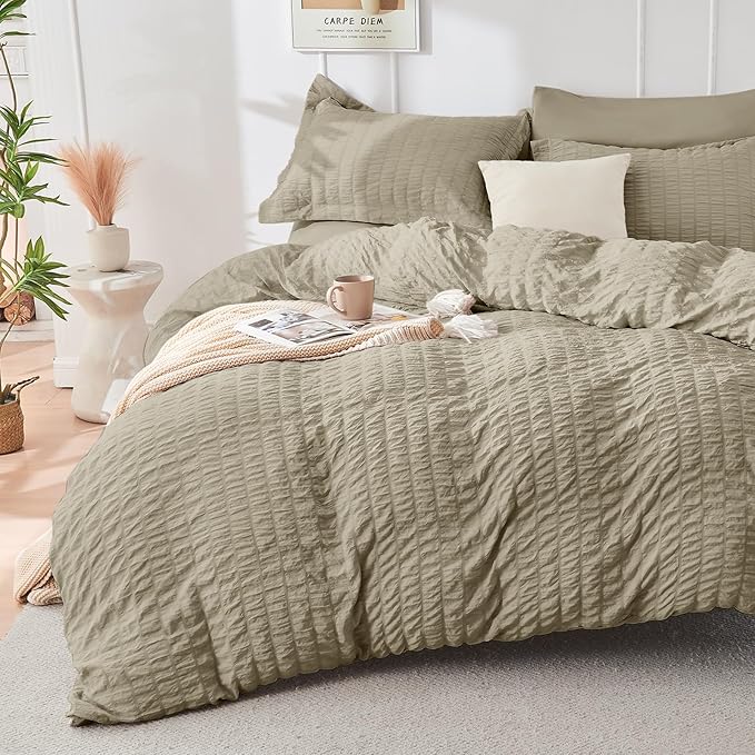 HYMOKEGE Linen Queen Comforter Set Seersucker 7 Pieces, All Season Luxury Bed in a Bag Queen for Bedroom, Bedding Set with Comforter, Sheets, Pillowcases & Shams