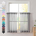 OVZME Charcoal Grey Sheer Curtains 36 inches Long, Short Kitchen Window Treatment Solid Sheers Cafe Curtains Bathroom Voile Half Window Curtains 2 Panels, Rod Pocket, 42" Wx36 L