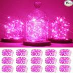15 Packs 20 Led Pink Fairy String Lights Battery Operated 6.6ft Silver Wire Firefly Starry Lights Waterproof for Bedroom DIY Table Bottle Wedding Valentine's Day Party Decor
