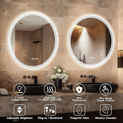 30''x30'' Lighted Mirrors for Bathroom Wall Backlit + Front Lit, Round LED Bathroom Mirror Frameless with Lights Anti Fog, Dimmable, 3 Colors,Tempered Glass, Shatter-Proof