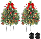 Lewondr Set of 2 Prelit Pathway Christmas Trees, 27.56" Outdoor Christmas Tree with 50 LED Lights, Pine Cones Red Berries, Battery Operated Outdoor Xmas Decor for Yard Home Porch, Green