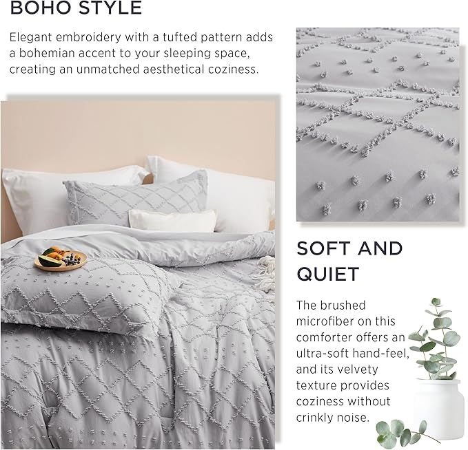Bedsure Queen Comforter Set - Light Grey Comforter, Boho Tufted Shabby Chic Bedding for Kids, 3 Pieces Vintage Farmhouse Bed Set for All Seasons, Fluffy Soft Bedding with 2 Pillow Shams