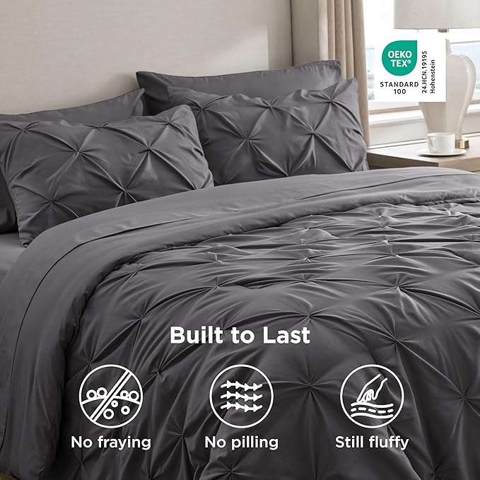 Bedsure Full Comforter Set Dark Grey - Bed in a Bag Full Size Bedding Set 7 Pieces, GentleSoft™ Pintuck Bed Set Gift for Family, Pinch Pleat All Season Comforter with Sheets, Pillowcases & Shams