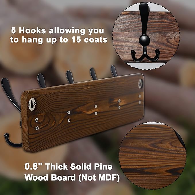 Dseap Coat Rack Wall Mounted - 24" Long 6 Tri Hooks, Heavy Duty Wooden Wall Coat Hanger Coat Hook for Clothes Hat Jacket Clothing, Weathered Green and Black