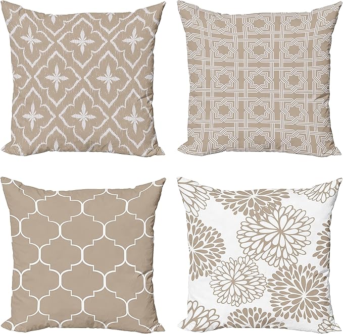 Ambesonne Vintage Throw Pillow Cushion Case Pack of 4, Monochrome Design Grid Trellis Quatrefoil Mesh and Dahlia Flowers Modern Print, Modern Accent Double-Sided Digital Printing, 20", Tan and White
