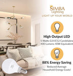Simba Lighting LED Candelabra E12 Base G14 Small Globe 5 Watt 40W Replacement Light Bulb (6 Pack) for Ceiling Fan, Chandelier, Vanity, Round A15 Frosted White Cover, Non-Dimmable, 5000K Daylight