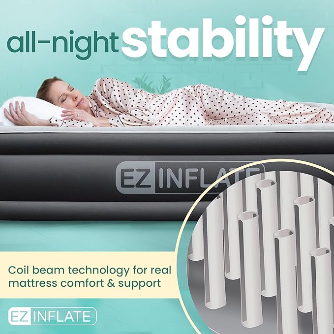EZ INFLATE Air Mattress with Built in Pump - King Size Double-High Inflatable Mattress with Flocked Top - Easy Inflate, Waterproof, Portable Blow Up Bed for Camping & Travel