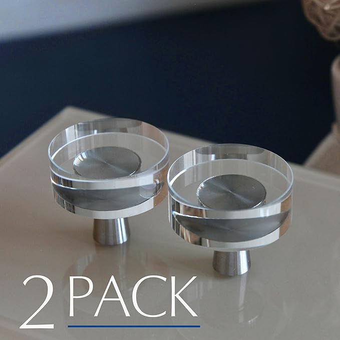JEREVER 2 Pack Glass Crystal Knobs Brushed Nickel Drawer Pull Cabinet Handle for Dresser Kitchen (Round)