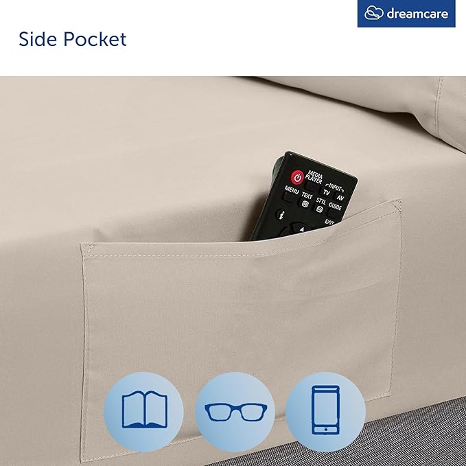 DREAMCARE King Size Sheets Set - Cooling Bed Sheets - 4pcs Set - up to 15" Deep Pocket King Sheet Set – Soft & Long Lasting Cooling - 100% Fine Brushed Microfiber with Side Pocket - Beige