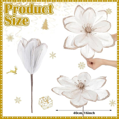 8 Pcs Large Christmas Flower Magnolia Flowers Christmas Tree Decoration Artificial Poinsettia Stems Velvet Xmas Ornaments for Xmas Tree Table Decor(White,16 Inch)