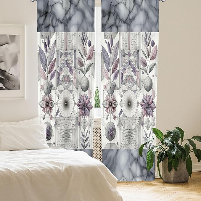 Ambesonne Geometric Floral Window Curtains, Classic Marble Print Ornate Leafy Flowers and Futurist Stripes, Lightweight Decor 2-Panel Set with Rod Pocket, Pair of - 28" x 63", Ceil Blue Laurel Green