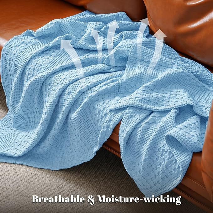 PHF 100% Cotton Waffle Weave Blanket King Size for Bed, Soft Lightweight & Breathable, All-Season Comfort, Luxury Aesthetic Woven Bedding for Home Decor, 108"x90", Sky Blue
