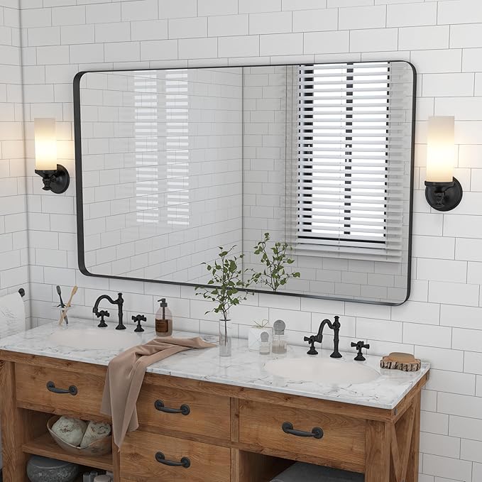 VocalStar 60 x 36 Inch Black Bathroom Mirror for Wall, Large Rounded Rectangle Metal Framed Bathroom Wall Vanity Mirror Farmhouse, 1/4-inch Shatterproof Glass | Ultra-Flush Hanging