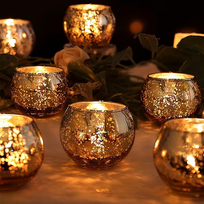 LAMORGIFT 12 PCS Blue Mercury Glass Votive Tealight Holders - Blue Centerpieces for Bridal Shower Decorations, Wedding Table Glass Decor