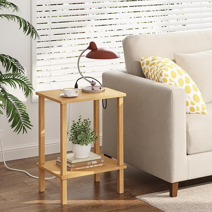 TUTOTAK End Table with Charging Station, Small Side Table with Outlets, Nightstand Bedside Table, 2-Tier Storage Shelf for Small Space, Living Room, Bedroom, Natural TB01BN040