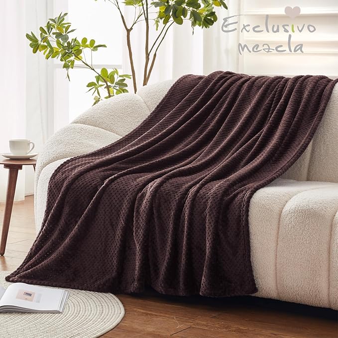 Exclusivo Mezcla Fleece Bed Blanket Queen Size, Super Soft and Warm Blankets for Couch, Sofa and Bed Waffle Textured, Cozy, Fuzzy and Lightweight (Coffee, 90x90 Inches)