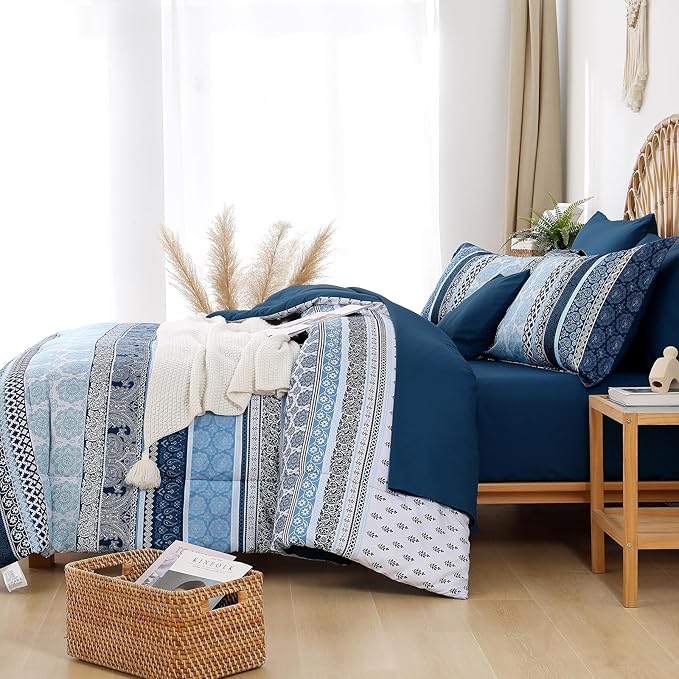 Boho Comforter Set Queen Size,8 Pieces Navy Blue Bohemian Striped Bed in a Bag,Paisley Soft Microfiber Bedding Comforter Set