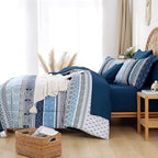 Boho Comforter Set Full Size,8 Pieces Navy Blue Bohemian Striped Bed in a Bag,Paisley Soft Microfiber Bedding Comforter Set