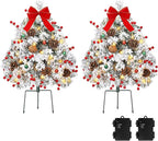 Lewondr Set of 2 Prelit Pathway Christmas Trees, 27.56" Outdoor Christmas Tree with 50 LED Lights, Pine Cones Red Berries, Battery Operated Outdoor Xmas Decor for Yard Home Porch, White Snowflake