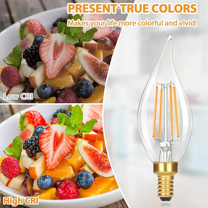 GoBright Dimmable E12 LED Candelabra Bulbs 40W Equivalent, 460LM Soft Warm White 2700K Candle Light Bulbs with Vintage Flame Tip, 4W CA10 Clear Glass LED Bulbs for Chandelier, Pendant, 6-Pack