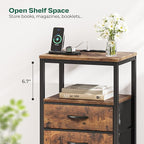 Huuger 5 Drawers Dresser with Charging Station, Dresser for Bedroom, Tall Night Stand, Chest of Drawers with Open Shelf, Bedside Table Nightstand, Fabric, for Entryway, Rustic Brown