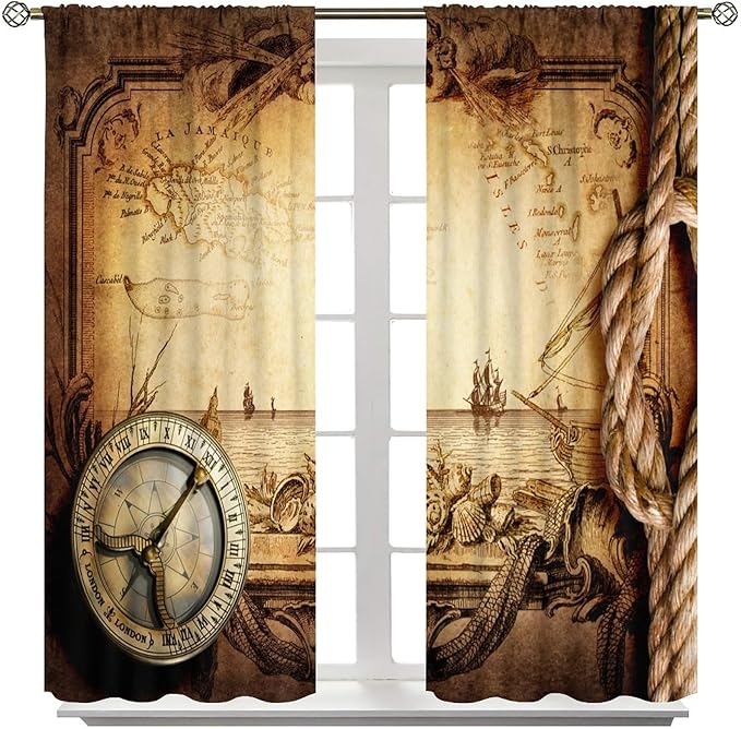 Pirate Map Curtains, Nautical Theme Old Ancient Treasure Map Secret Sea History Pattern Blackout Window Drapes for Kids Boys Bedroom Living Room 55x63in