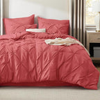 Bedsure Queen Comforter Set Coral Red - Bed in a Bag Queen Size Bedding 7 Pieces, GentleSoft™ Pintuck Bed Set Gift for Family, Pinch Pleat All Season Comforter with Sheets, Pillowcases & Shams