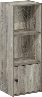 Furinno LUDER Book Shelf, 3-Tier Modern Bookshelf, Bookcase with 1 Door Storage Cabinet, 9.3" x 12" x 31.5", for Living Room, Bedroom, Home Office, French Oak