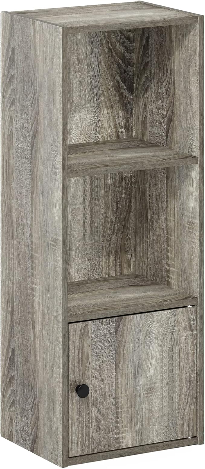 Furinno LUDER Book Shelf, 3-Tier Modern Bookshelf, Bookcase with 1 Door Storage Cabinet, 9.3" x 12" x 31.5", for Living Room, Bedroom, Home Office, French Oak