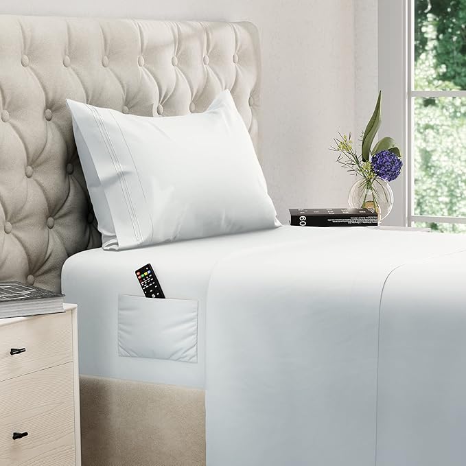 DREAMCARE Twin Sheets Set – 3pcs Cooling Sheets – up to 15” Deep Pocket Twin Sheet Set – Hotel Luxury Sheets & Pillowcases – Superior Softness 100% Fine Microfiber with Side Pocket – White