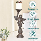 Sungmor Set of 2 Cast Iron Angel Candle Holders, 13.7" Tall Heavy-duty Solid Cherub Candlestick Holders, Vintage EU Style Statue Pillar Column Candle Stands for Wall Shelf Table Center Fireplace Decor