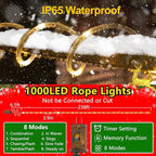 KNONEW 164FT 1000LED Rope Lights for Outside,Outdoor String Lights Waterproof 8 Modes Clear Tube Light for Indoor,Bedroom,Wedding,Garden,Patio,Christmas,Tree,Rv,Holiday Decoration(Warm White)