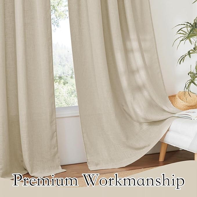 RYB HOME Linen Sheer Curtains for Living Room Bedroom Kitchen, Light Filtering Vertical Breathable Fabric Farmhouse Privacy Protection Window Drapes, W 60 x L 95 inches, Beige, 1 Panel