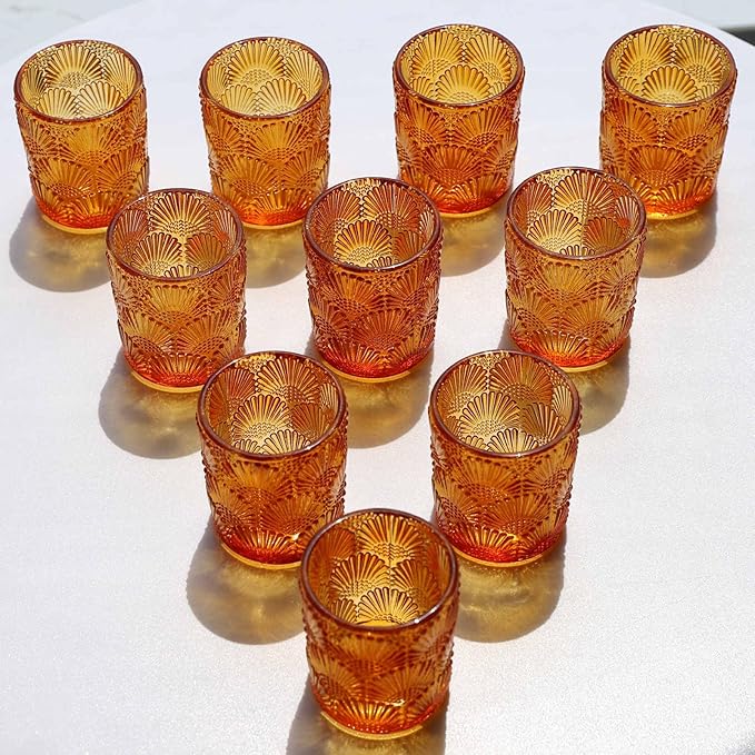 Woho 12Pcs Amber Votive Candle Holders, Glass Amber Candle Holder for Fall Wedding, Boho Tea Lights Candle Holder for Halloween Thanksgiving Centerpieces Table Decoration
