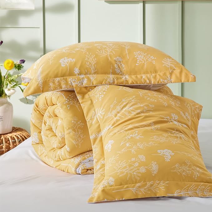 Bedsure King Comforter Set - Yellow Bed Set, 3 Pieces Cute Floral Bedding, 1 Soft Reversible Botanical Flowers Comforter and 2 Pillow Shams