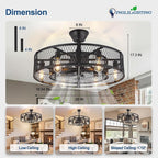 DLLT Caged Ceiling Fan with Lights: 26" Bladeless Fandelier with Light and Remote - Black Industrial Chandelier Fan Light for Bedroon Living Dining Room Kitchen