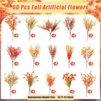 Mimorou 60 Bundle Fall Artificial Flowers Outdoor UV Resistant Autumn Orange Fake Plants Flowers Faux Plastic Greenery Decoration Shrub for Wedding Window Box Home Porch Fireplace Thanksgiving