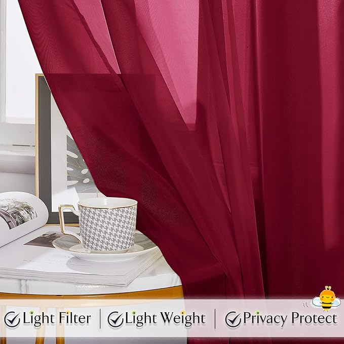 RYB HOME Sheer Valance for Window - Breezy Backdrop Curtains for Canopy Bed Stage Events Girls Bedroom Wedding Ceremoney Table Runner Outdoor Indoor Decor, 60 x 216 in per Panel, Burgundy