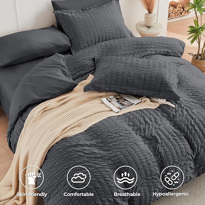 HYMOKEGE Twin Comforter Set Seersucker 5 Pieces, All Season Luxury Bed in a Bag for Bedroom, Bedding Set with Comforters, Sheets, Pillowcase & Sham, Dark Grey